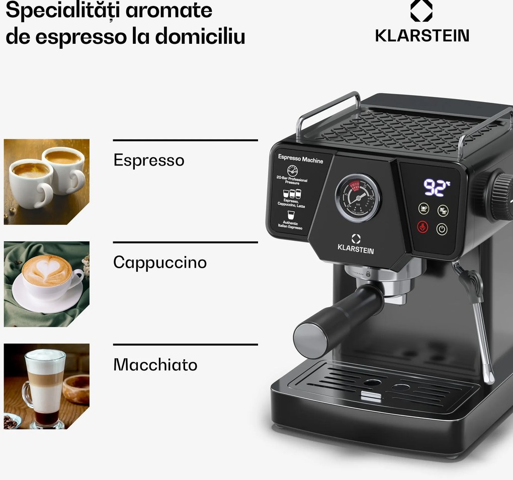 Klarstein Libeica aparat de cafea| 1350 W, 19 bar, control tactil, oțel inoxidabil, Indicator de presiune și temperatură