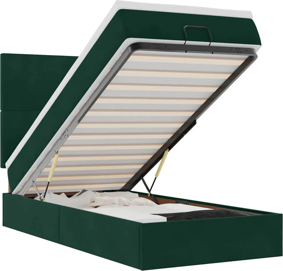 vidaXL Cadru de pat otoman cu saltele, catifea verde închis 100x200cm