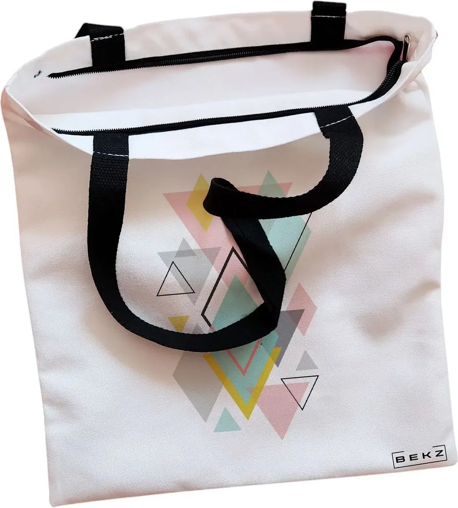 Sacosa de Panza pentru Cumparaturi, Geanta Tote, model Geometrica Pastel, Cu fermoar, 38x34.5 cm, Alba, BEKZ®