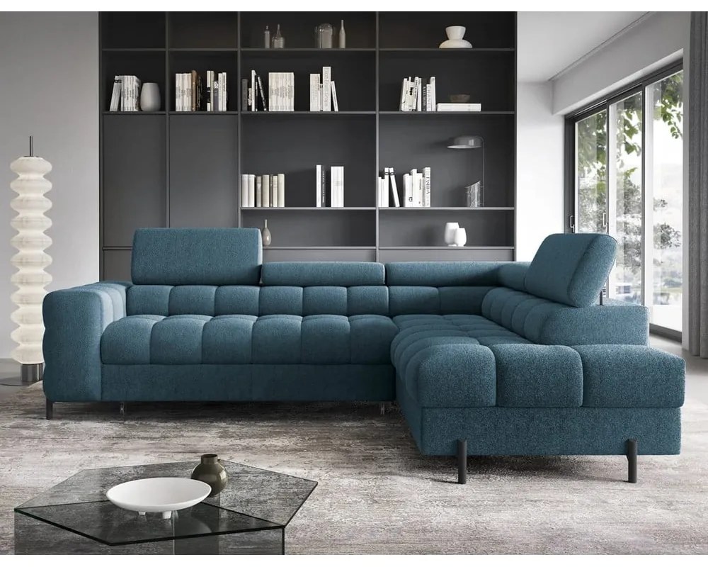 Colțar albastru extensibil/cu spațiu de depozitare cu tapițerie din țesătură bouclé (cu colț pe partea dreaptă/în formă de ”L”) Ferucce – ELTAP