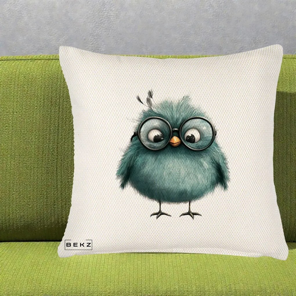 Perna Decorativa Pui Teal cu Ochelari Rotunzi, 40x40 cm, Crem Reliefat, Husa Detasabila, Perna Inclusa, BEKZ®