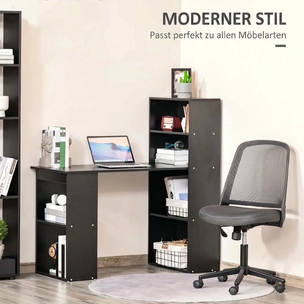 Birou Modern pentru Acasa cu Rafturi de Depozitare pe 6 Niveluri, Masa de Scris cu Raft pentru Carti, Negru HOMCOM | Aosom Romania