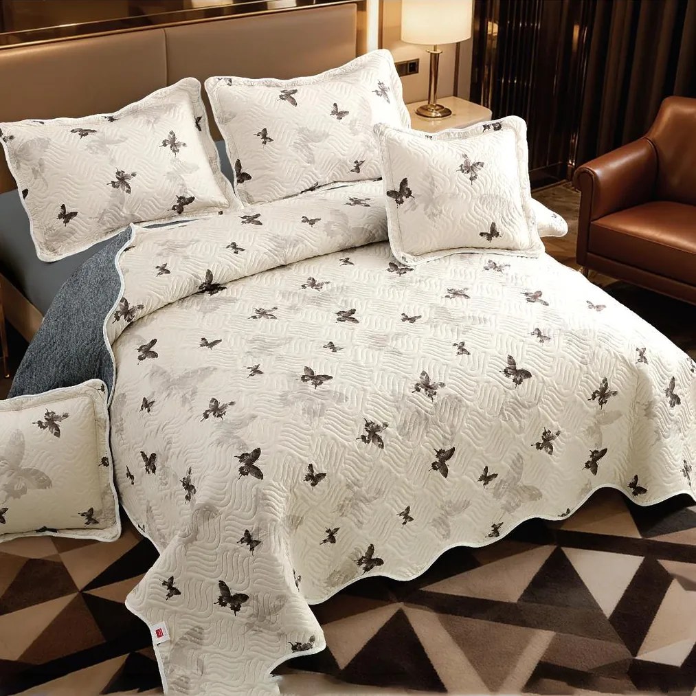Cuvertură bumbac 100%, crem cu fluturi maro, 5 piese, 230x250 cm, CB493