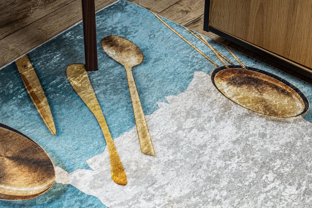 ANDRE 33220 covor lavabil linguri, bucatarie, anti-alunecare - albastru / aur