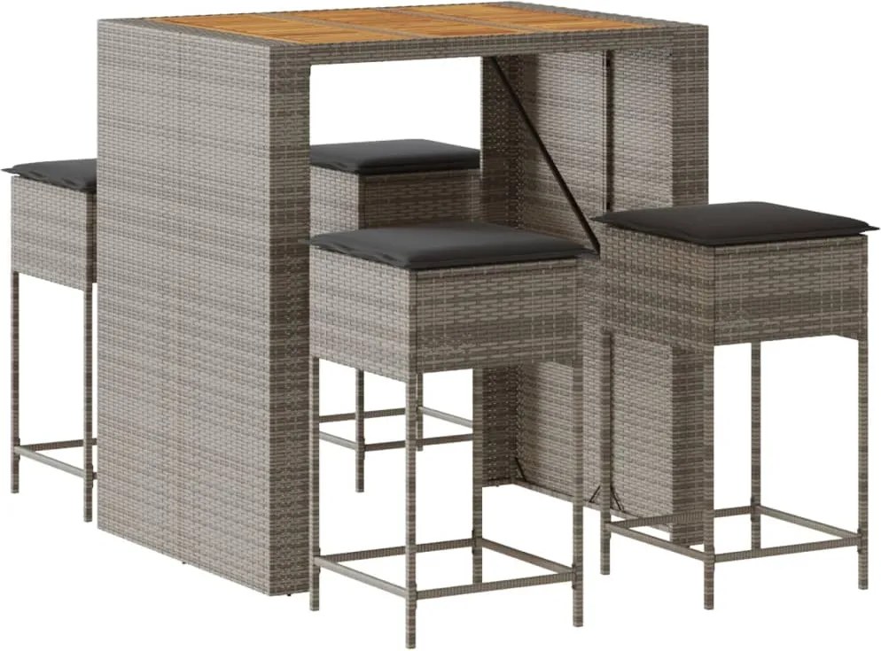 vidaXL Set mobilier bar de grădină, cu perne, 5 piese, gri, poliratan