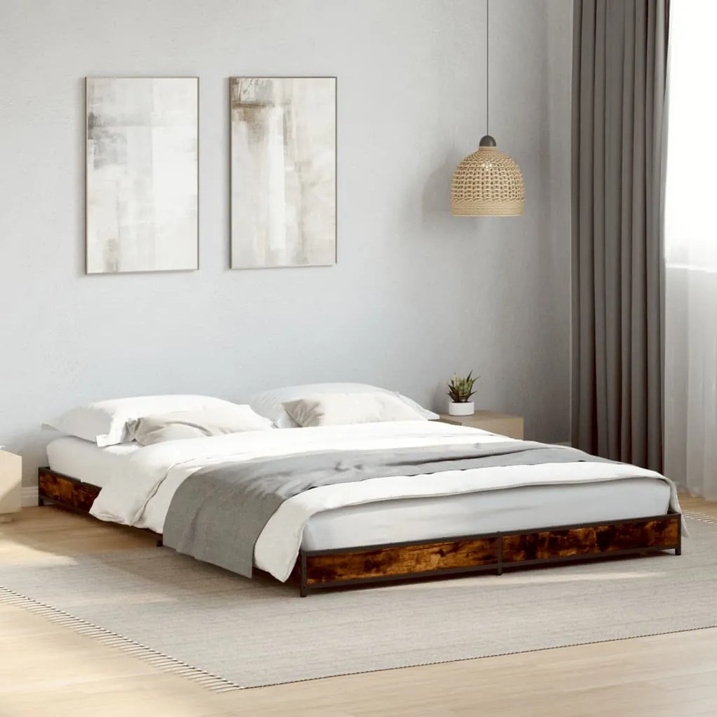 vidaXL Cadru de pat, stejar fumuriu 150x200 cm lemn prelucrat și metal