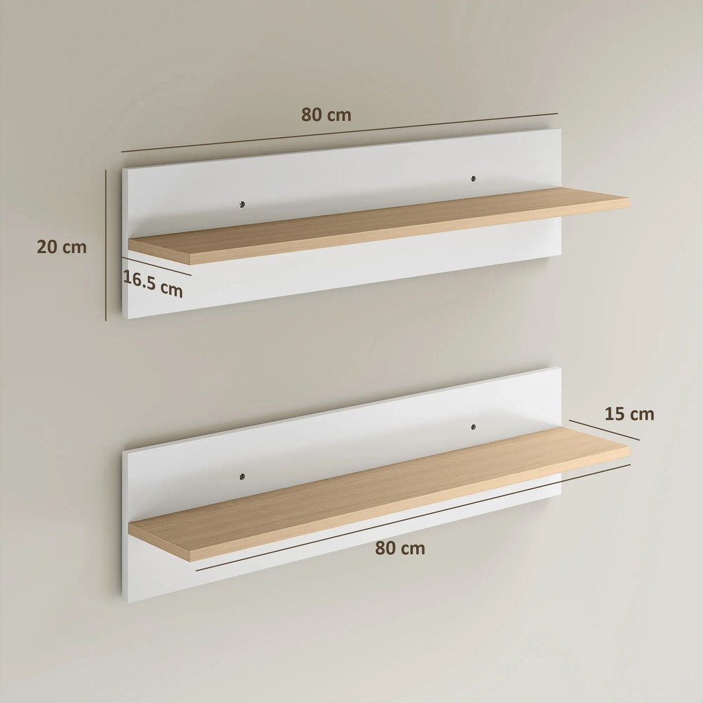 HOMCOM Set 2 Rafturi de Perete pentru Casă și Birou, Rafturi din Lemn pentru Bucătărie și Living, 80x16.5x20 cm, Alb și Lemn Natural | Aosom Romania