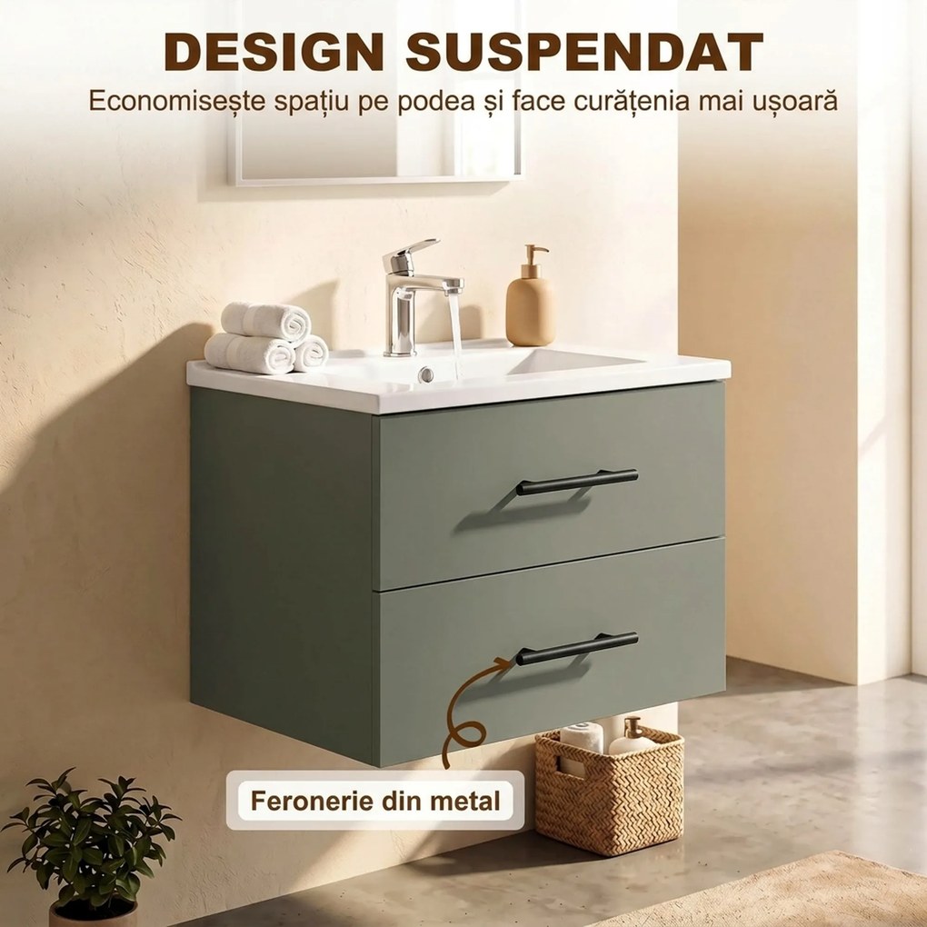 HOMCOM Dulap pentru Baie cu Lavoar din Ceramică, 2 Sertare, 61 x 40 x 48 cm, Verde | Aosom Romania