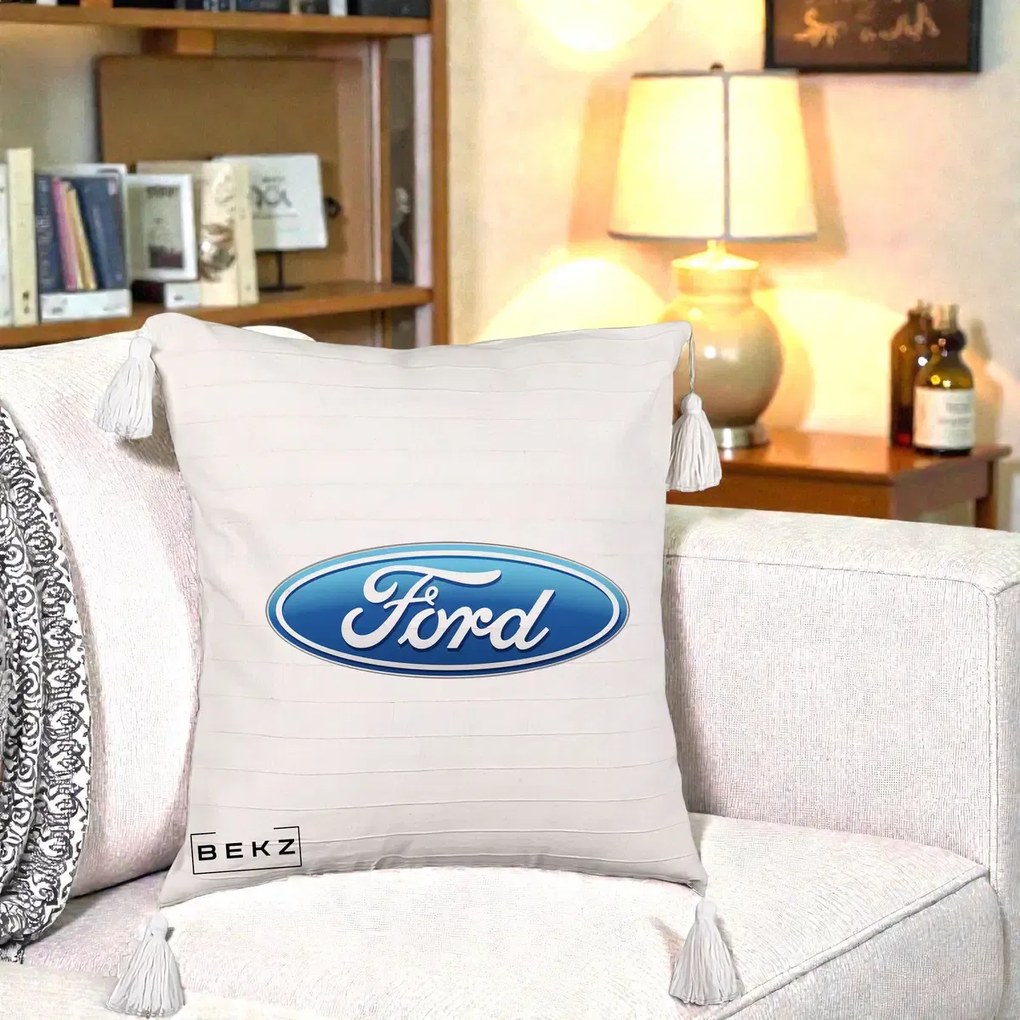 Perna Personalizata cu emblema Ford, 40x40 cm, Bej cu Franjuri, Husa Detasabila, Perna Inclusa, BEKZ®