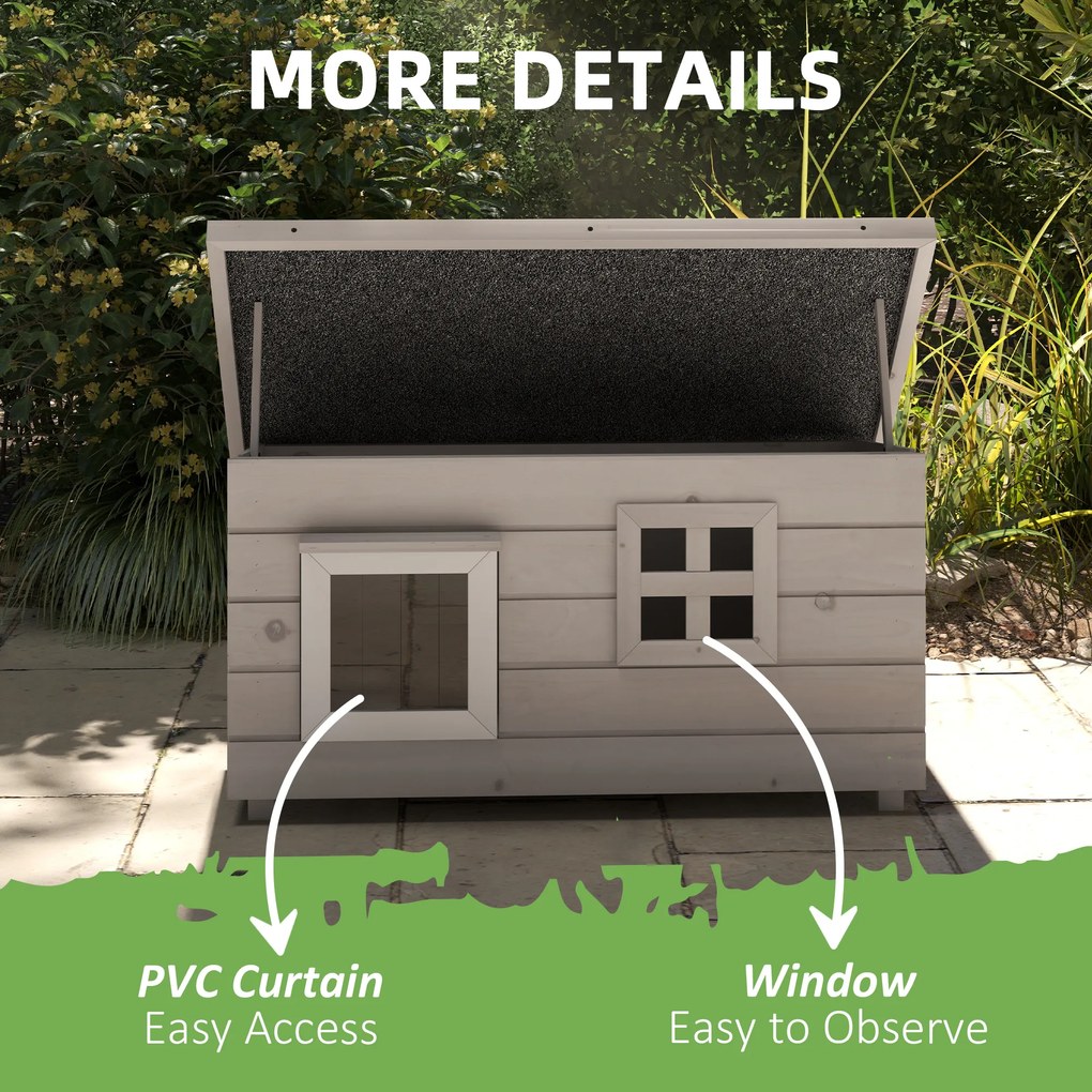 Casa din lemn pentru pisici Pawhut, Canisa de adapost ridicata pentru pisici, Casuta de joaca pentru animale de companie, cu acoperis de asfalt, Cortina din PVC, Fereastra, 87 x 52 x 48 cm, Gri | Aosom Romania