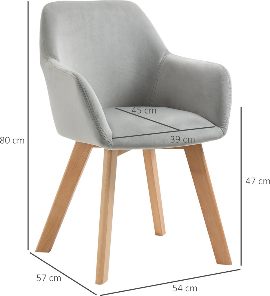 HOMCOM Set 2 Scaune de Sufragerie cu Picioare din Lemn, Scaune de Bucatarie Capitonate cu Cotiere din Tesatura Catifelata, 54x57x80cm, Gri