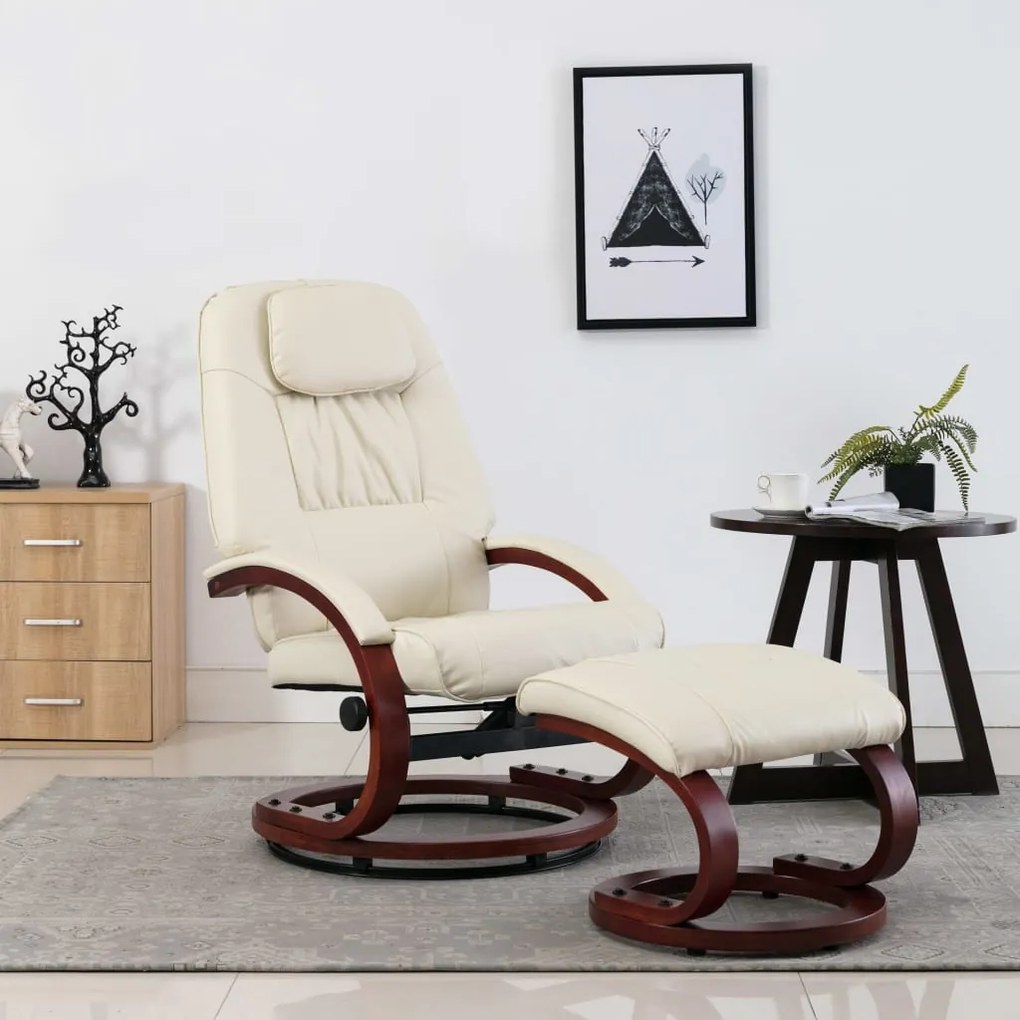 248704 vidaXL Fotoliu rabatabil cu taburet, alb crem, piele ecologică