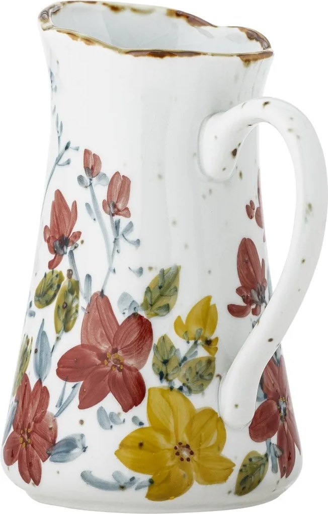 Carafa din ceramică artizanală albă cu motive florale roșii și galbene pictate manual și margine aurie, 13×22,5 cm, "Savina"
