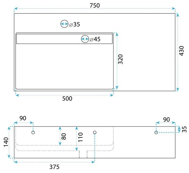 Lavoar pentru blat Archi 75 cm gri mat