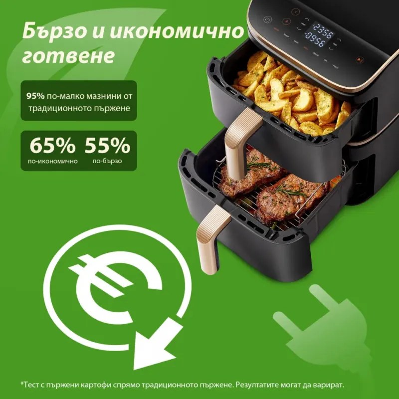 Friteuza dubla Cosori Turbo Tower Pro CAF-DC123S, 2630W, 10.8 L, 30-230°C, 7 programe, Sync, Smart, Negru/șampanie