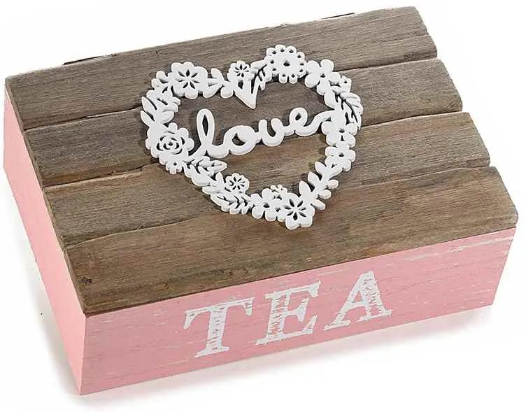 Cutie ceai lemn roz natur 6 compartimente model Love cm 21 x 14 cm x 8 H