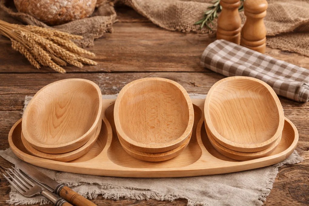 Set platou pentru servit din lemn cu 6 farfurii