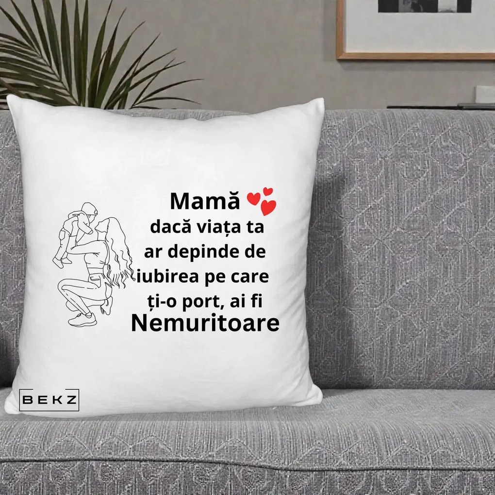 Cadou pentru Mama - Perna Personalizata Mama Nemuritoare Portret Graphic, 40x40 cm, Alb Pufos, Husa Detasabila, Perna Inclusa, BEKZ®