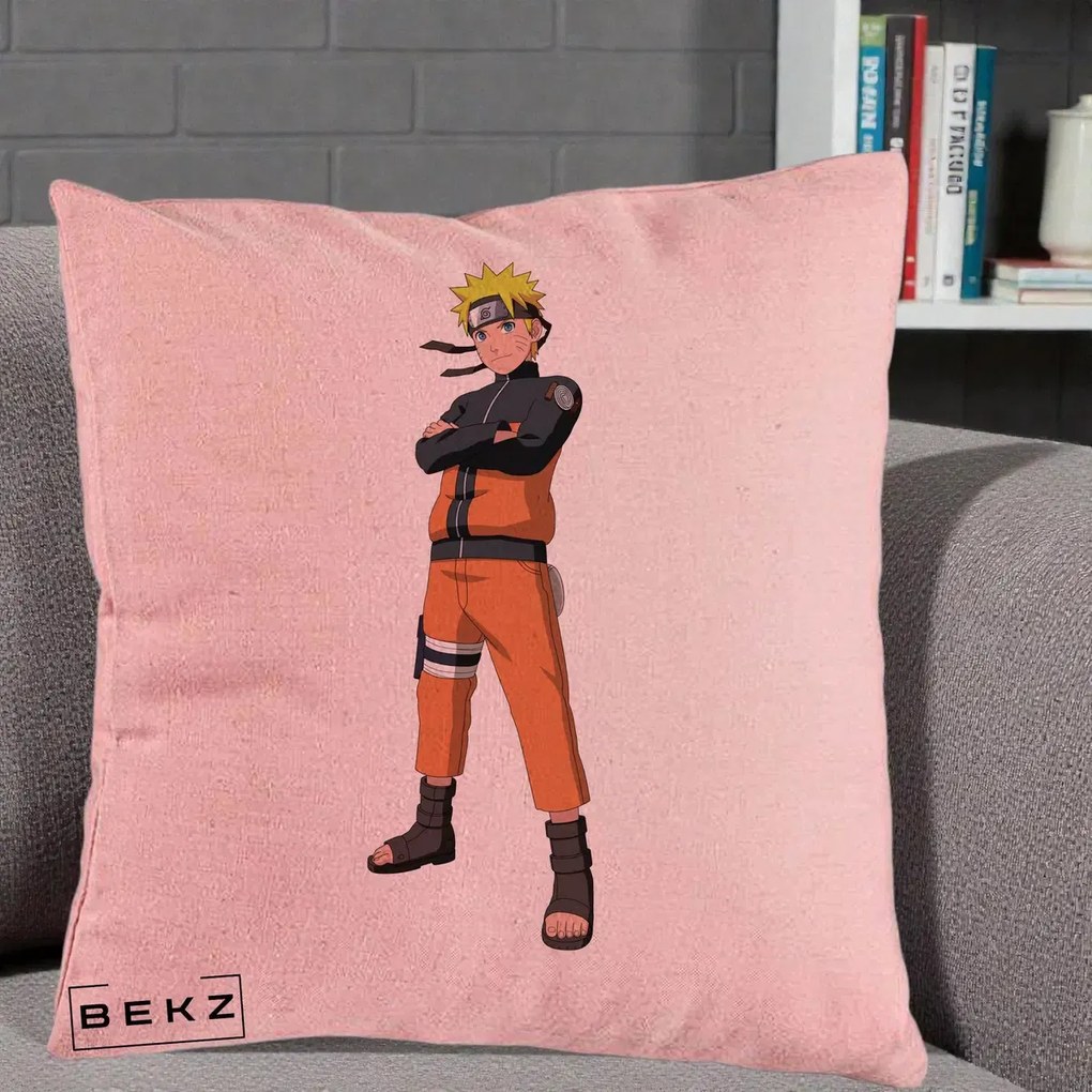 Perna Personalizata Naruto Uzumaki Portret Complet, 40x40 cm, Roz, Husa Detasabila, Perna Inclusa, BEKZ®