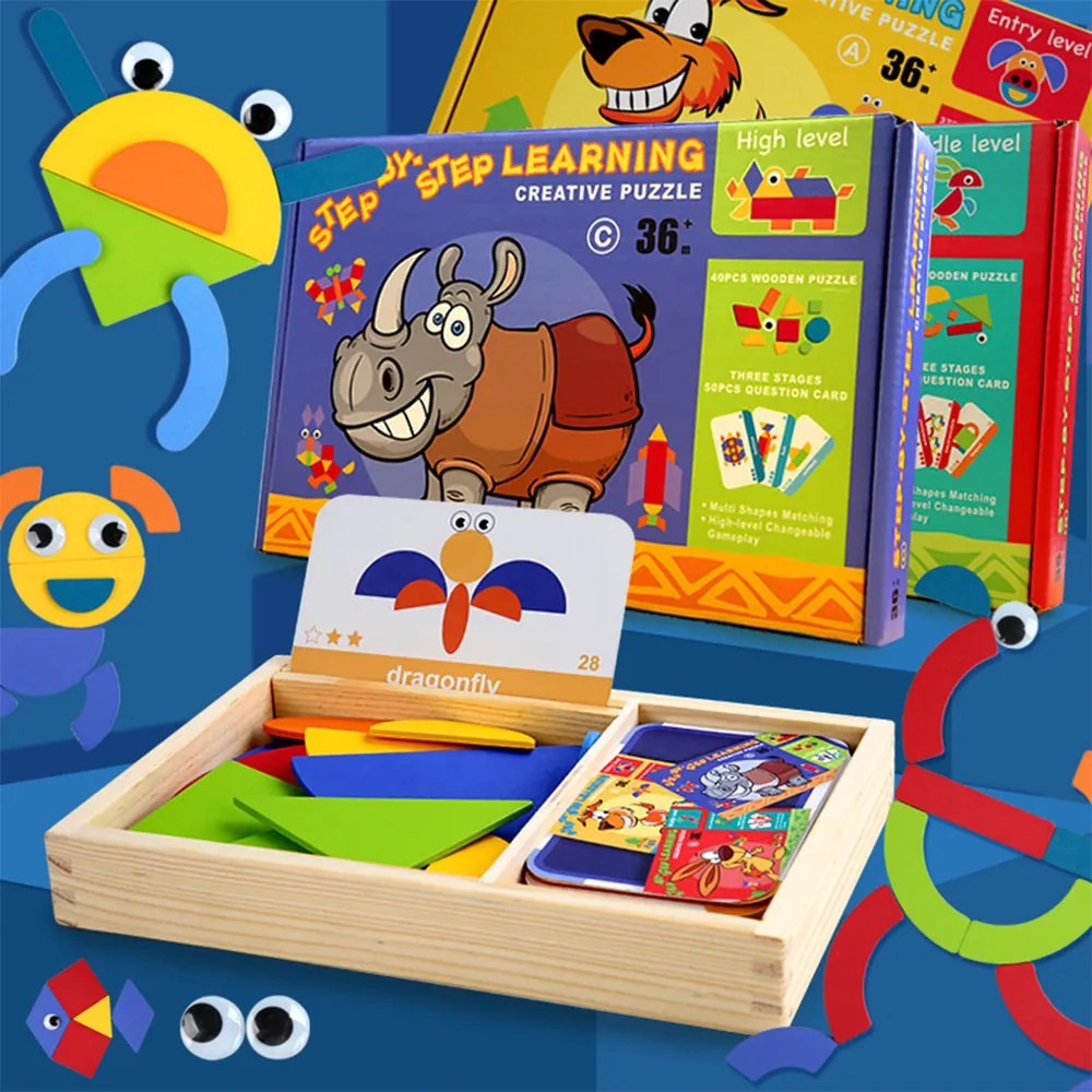 Joc magnetic tangram din lemn cu cărți englezești, nivel avansat