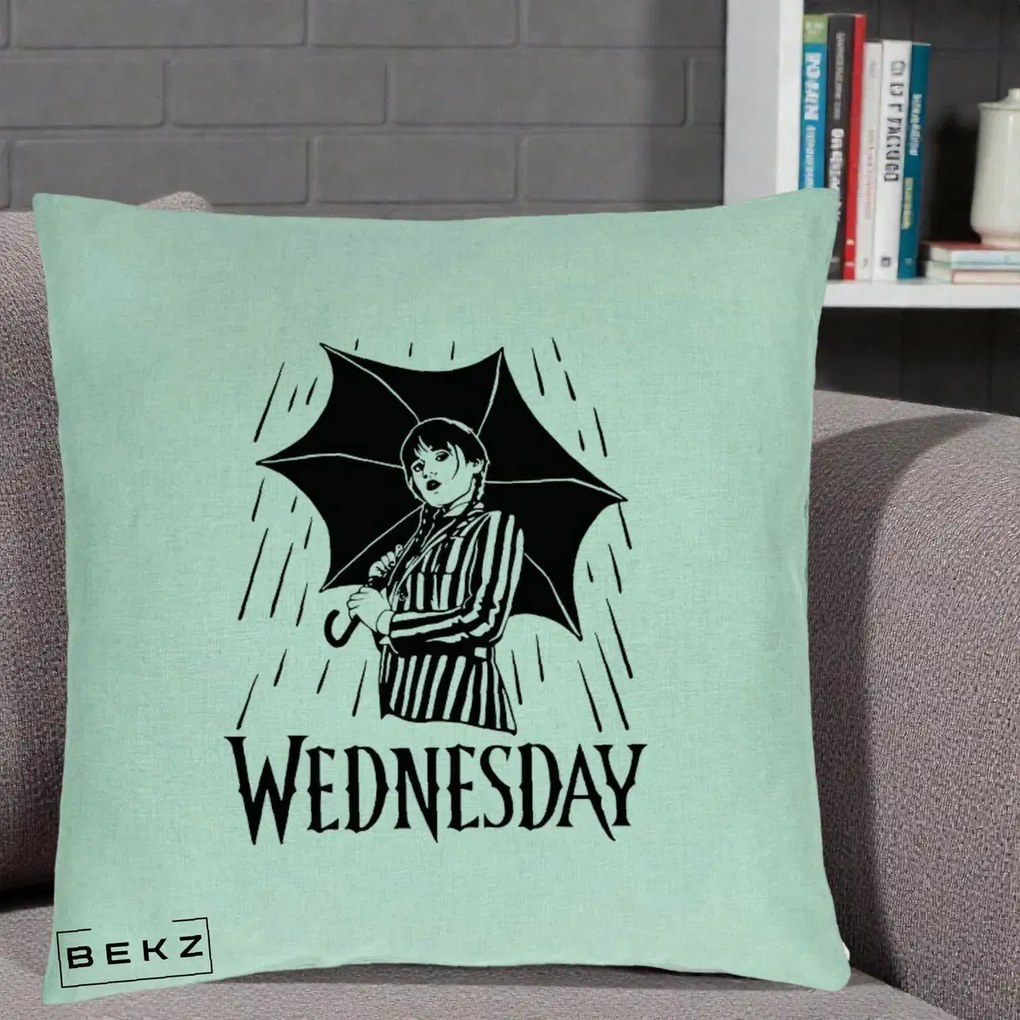 Perna Personalizata Wednesday cu Umbrela Ploaie Lineart, 40x40 cm, Verde Menta, Husa Detasabila, Perna Inclusa, BEKZ®