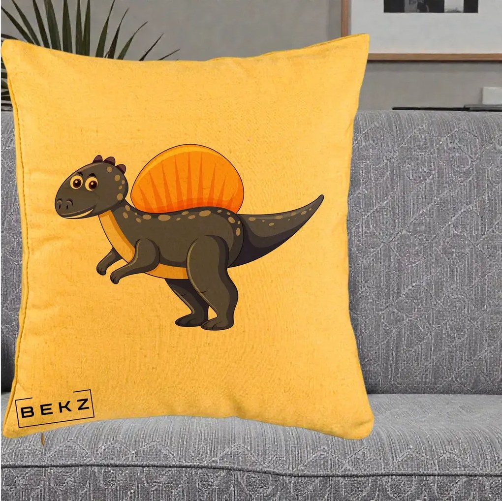 Perna Decorativa Spinozaur Kawaii, 40x40 cm, Galben, Husa Detasabila, Perna Inclusa, BEKZ®