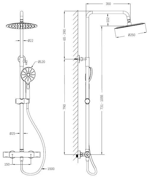 Set de duș cu baterie termostatică BATH DELUXE 31-120-05-70-00 DRAGOR alamă periată