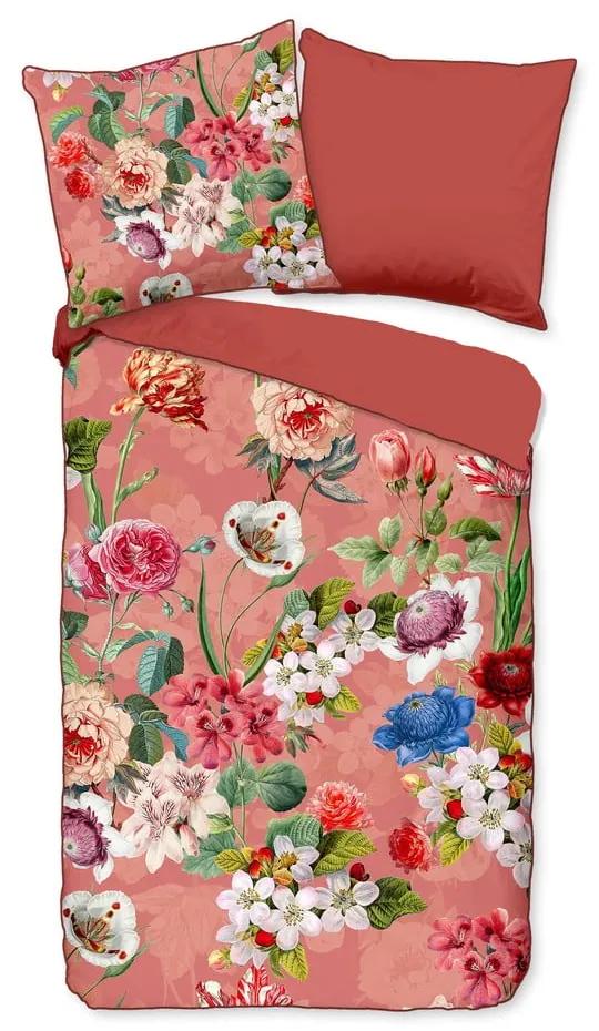 Lenjerie de pat din bumbac organic pentru pat de o persoană Descanso Flowery, 140 x 220 cm, portocaliu