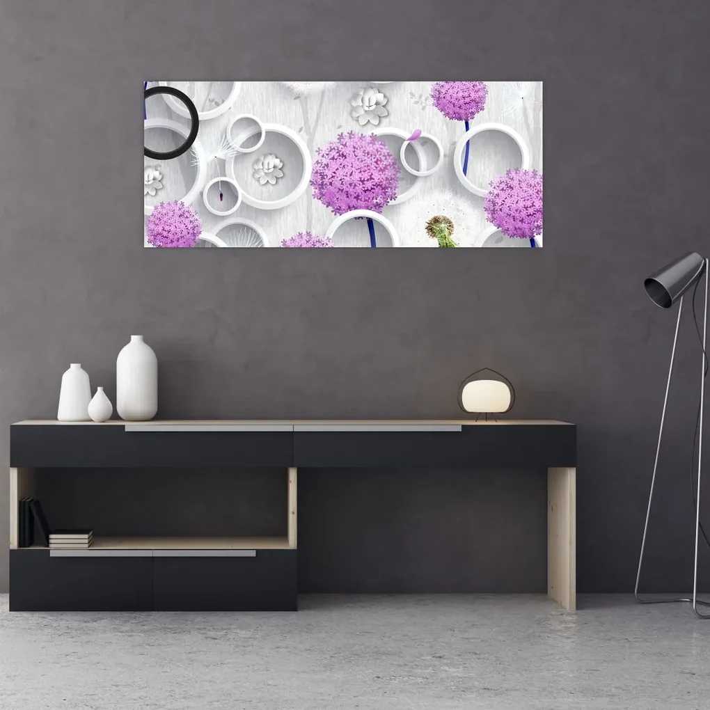 Tablou cu abstracție 3D cu cercuri și flori (120x50 cm), în 40 de alte dimensiuni noi