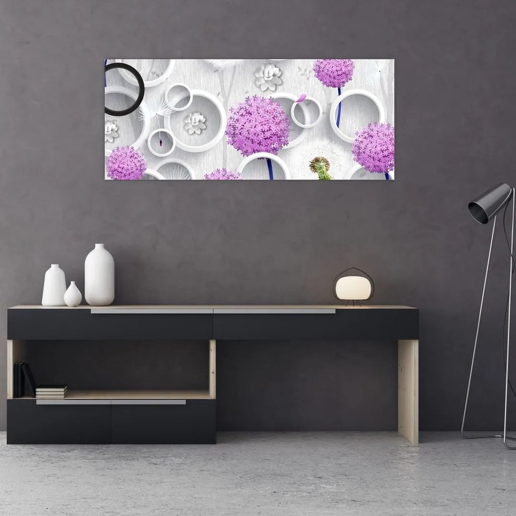Tablou cu abstracție 3D cu cercuri și flori (120x50 cm)