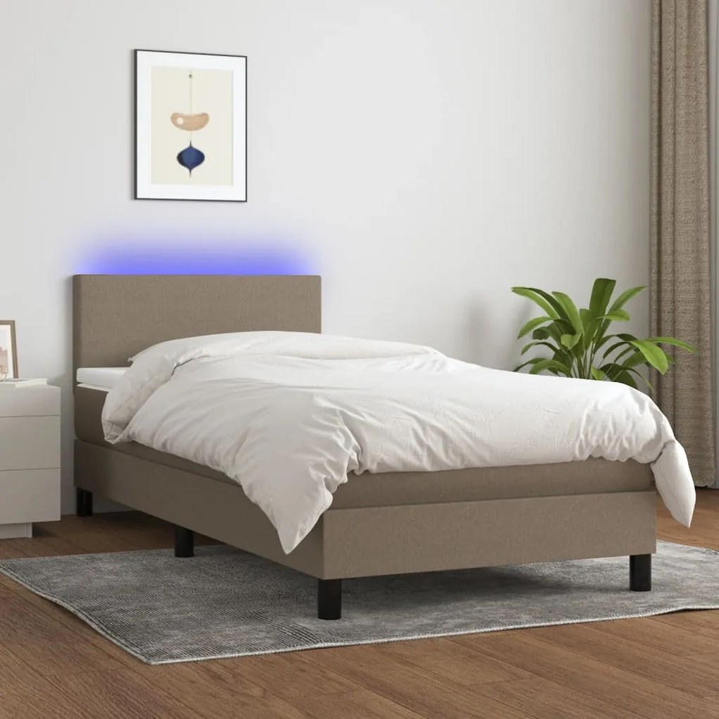 3132961 vidaXL Pat cu arcuri, saltea și LED, gri taupe, 90x190 cm, textil