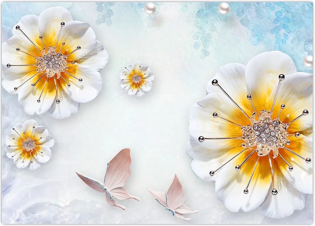 Tablou - Copoziția flori și fluturi (70x50 cm)