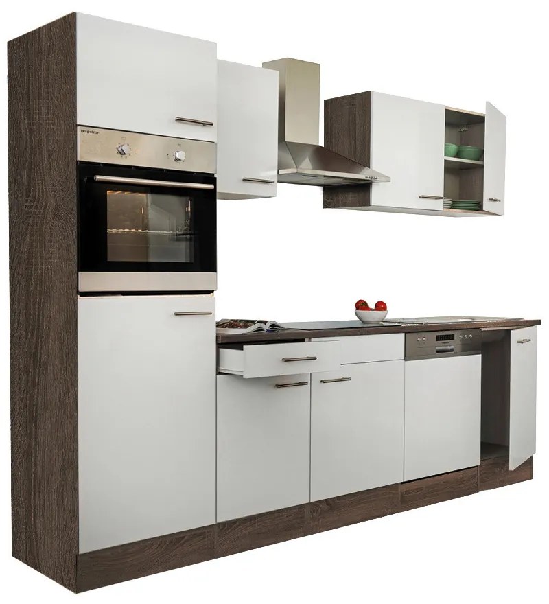 Mobilă de bucătărie Yorki cu corp din stejar Yorki, față alb satinat, dimensiune 280 cm