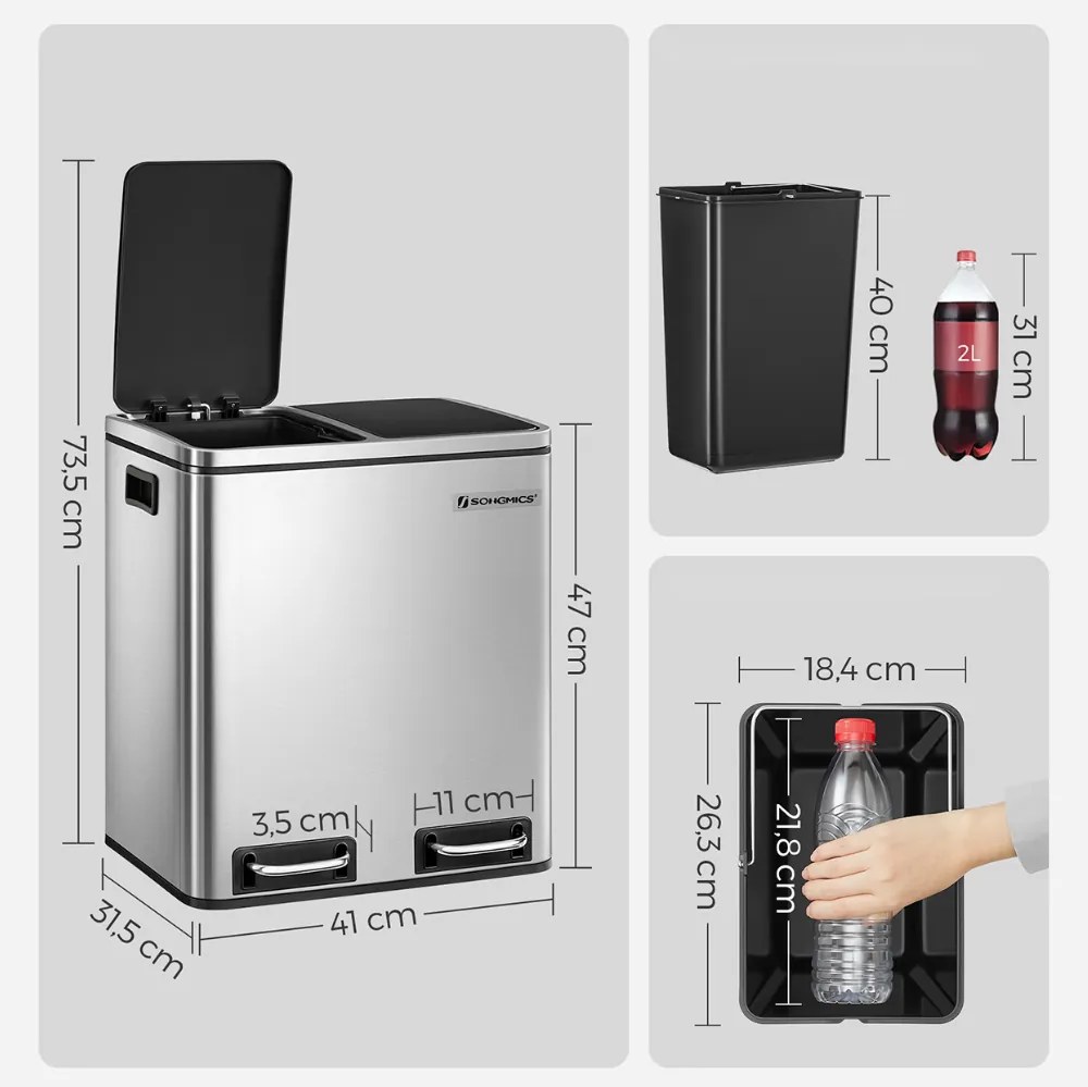 Coș pentru separarea deșeurilor SORT 30l (2×15l), argintiu SongmicsHome