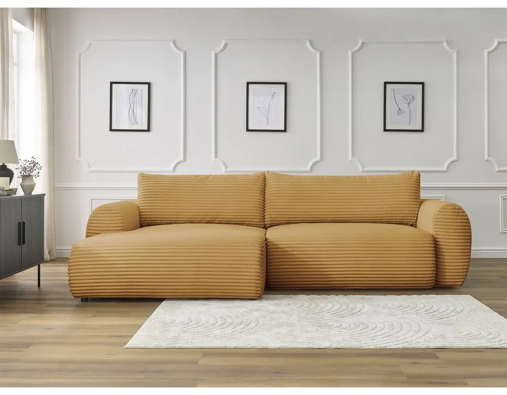 Colțar galben muștar extensibil cu tapițerie din catifea reiată (cu colț pe partea stângă ) Lucien – Bobochic Paris