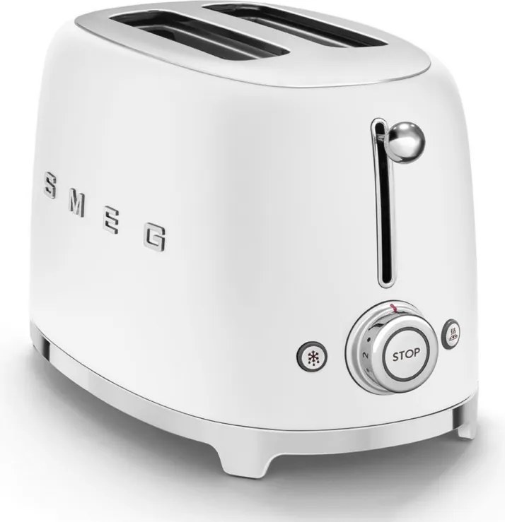 Prajitor de paine SMEG 50's Style TSF01WHMEU, 950 W, 2 felii, 6 trepte, Tava pentru firimituri, Cablu integrat, Otel inoxidabil, Alb mat