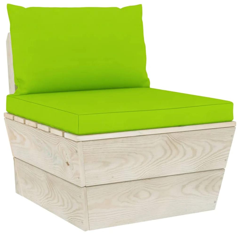 Set mobilier gradina din paleti cu perne, 5 piese, lemn molid verde aprins, 2x colt + mijloc + masa + suport pentru picioare, 1