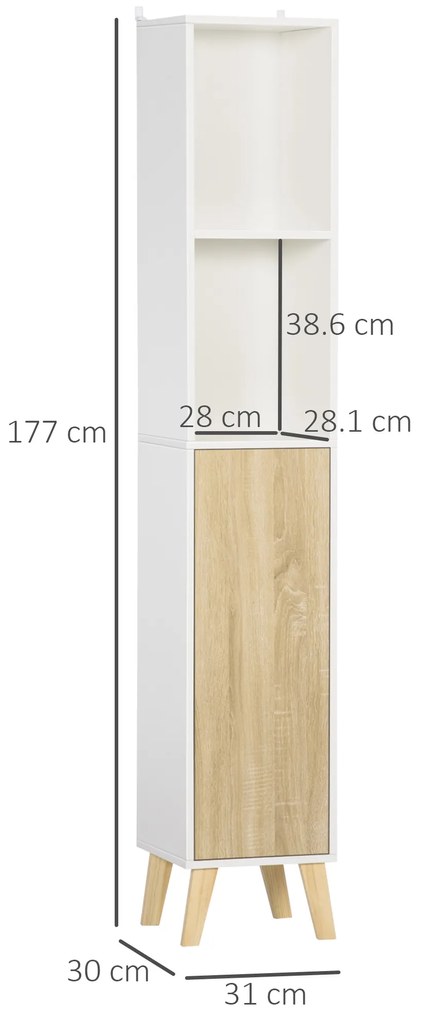 Kleankin Coloană de Baie, Mobilier Modern cu Design Elegant, 31x30x177 cm, Combinație Alb și Lemn Natural | Aosom Romania