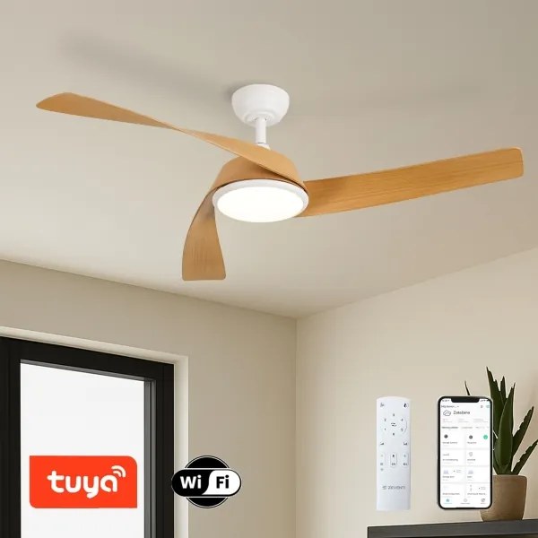 ZEVENTI - Ventilator de tavan LED AERYS, 24W, 230V, Wi‑Fi Tuya, alb/stejar + telecomandă