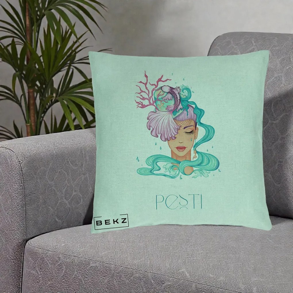 Perna Personalizata Zodiac Pesti Cowgirl, 40x40 cm, Verde Menta, Husa Detasabila, Perna Inclusa, BEKZ®