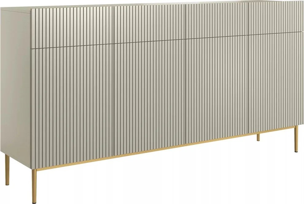 Comodă cu patru uși Nicole 200 cm cu sertare, fronturi riflate - casmir / picioare aurii