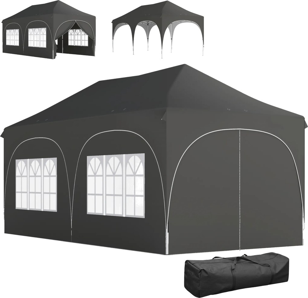 Outsunny Cort Pliabil 600x300 cm Pop-up cu 4 Laterale Detașabile Înălțime Reglabilă și Husă de Transport Gri închis | Aosom Romania