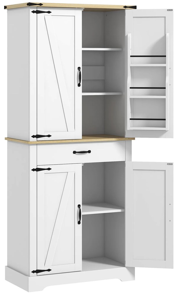 HOMCOM Credință bucătărie bufet bucătărie, 4 uși, 6 rafturi cu uși, 1 sertar și rafturi reglabile 76,5 x 40 x 181 cm alb | Aosom Romania