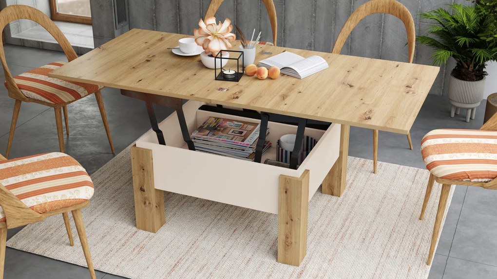 Mazzoni OSLO Stejar Artisan/Bej (Șampanie) - MĂSUȚĂ EXTENSIBILĂ CU RIDICAREA BLATULUI MĂSUȚĂ DE CAFEA