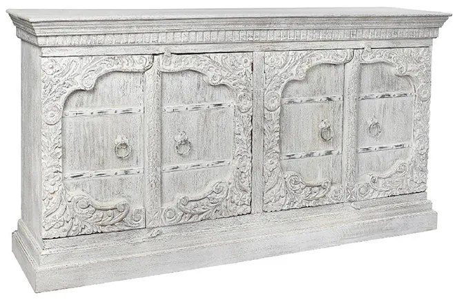 Comoda cu 4 usi Morocco din lemn de mango antichizat alb 190x43x100 cm