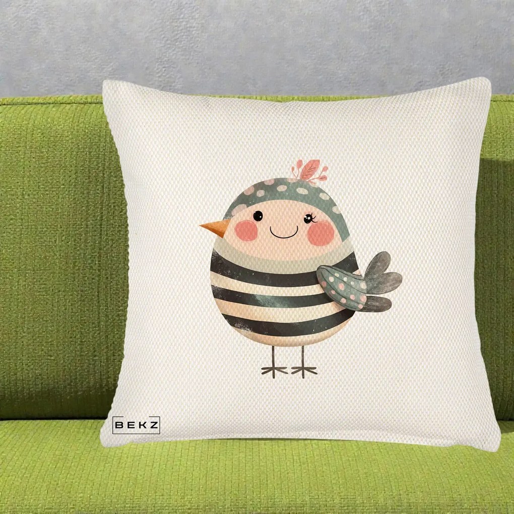 Perna Decorativa Pui Kawaii Teal cu Flori, 40x40 cm, Crem Reliefat, Husa Detasabila, Perna Inclusa, BEKZ®