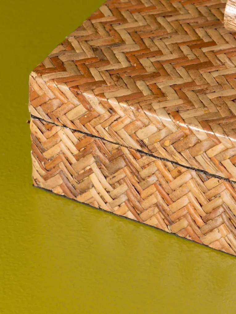 Cutie decorativă din ratan împletit natur, model în spic, capac cu mâner, finisaj natural, 8 x 20 x 15 cm, „Camille”