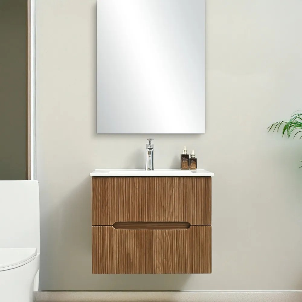 Mobilier de baie Trent 60 cm cu chiuvetă ceramică (2 sertare) și oglindă 60x80 cm stejar apus de soare