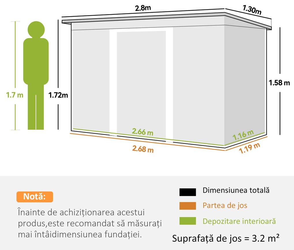 Outsunny Magazie de Grădină pentru Unelte, cu Uși Glisante și Ventilație, 277x130x173 cm, Verde | Aosom Romania