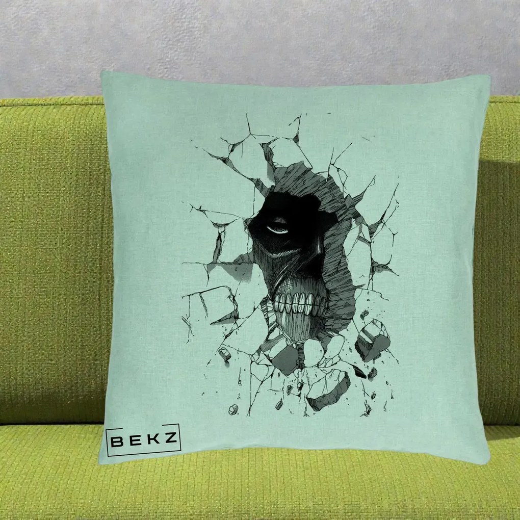 Perna Personalizata Attack on Titan Titan Crapand Zidul, 40x40 cm, Verde Menta, Husa Detasabila, Perna Inclusa, BEKZ®